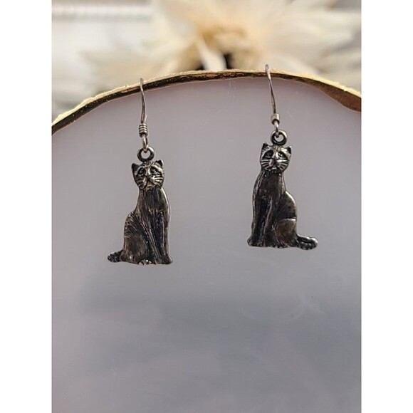 Sterling Silver Cat Earrings 925 Dangle Hook Animal Jewelry for Pet Lovers - Picture 6 of 6